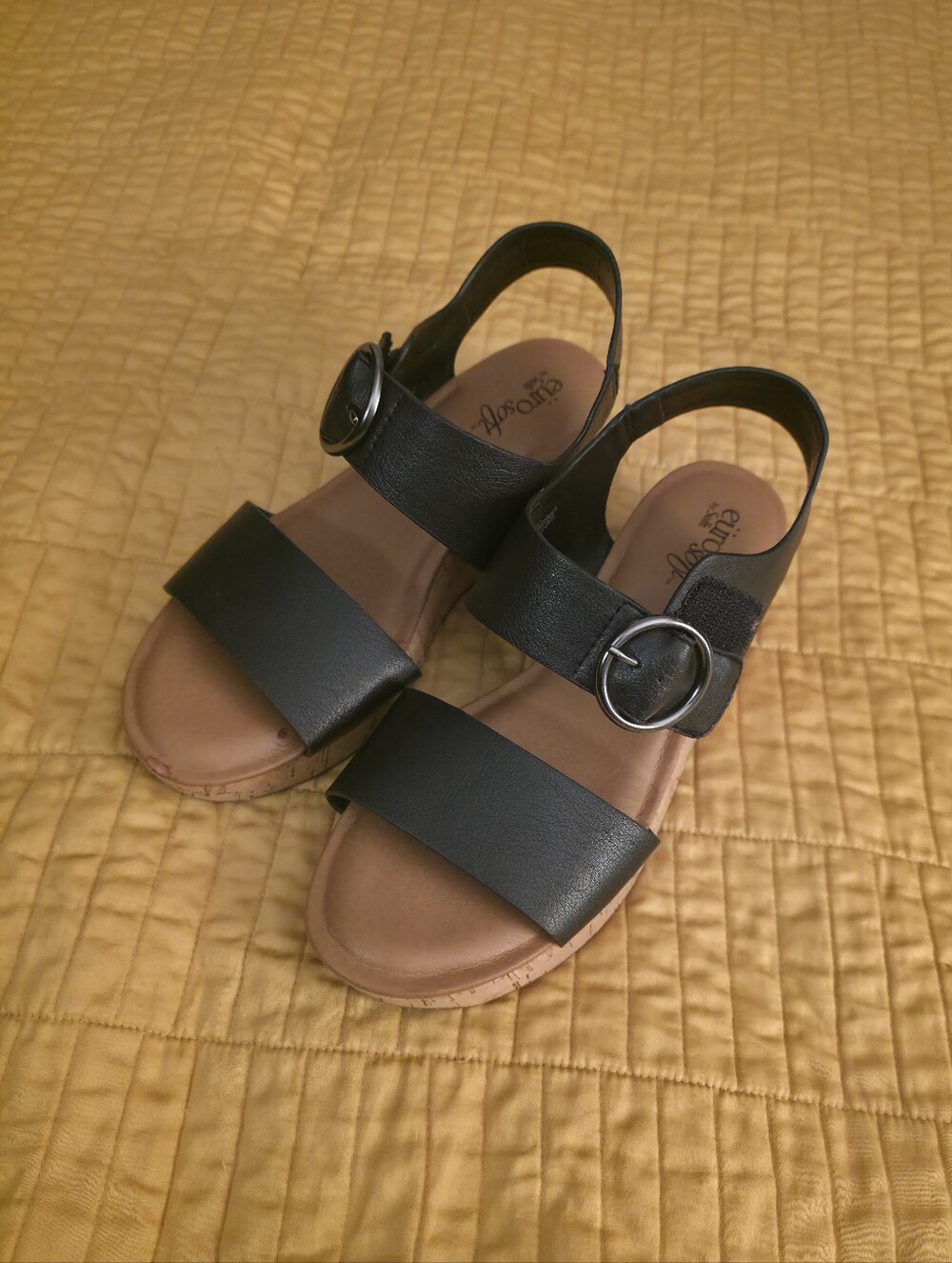 EuroSoft Black Strappy Buckle Sandals, Size 7.5